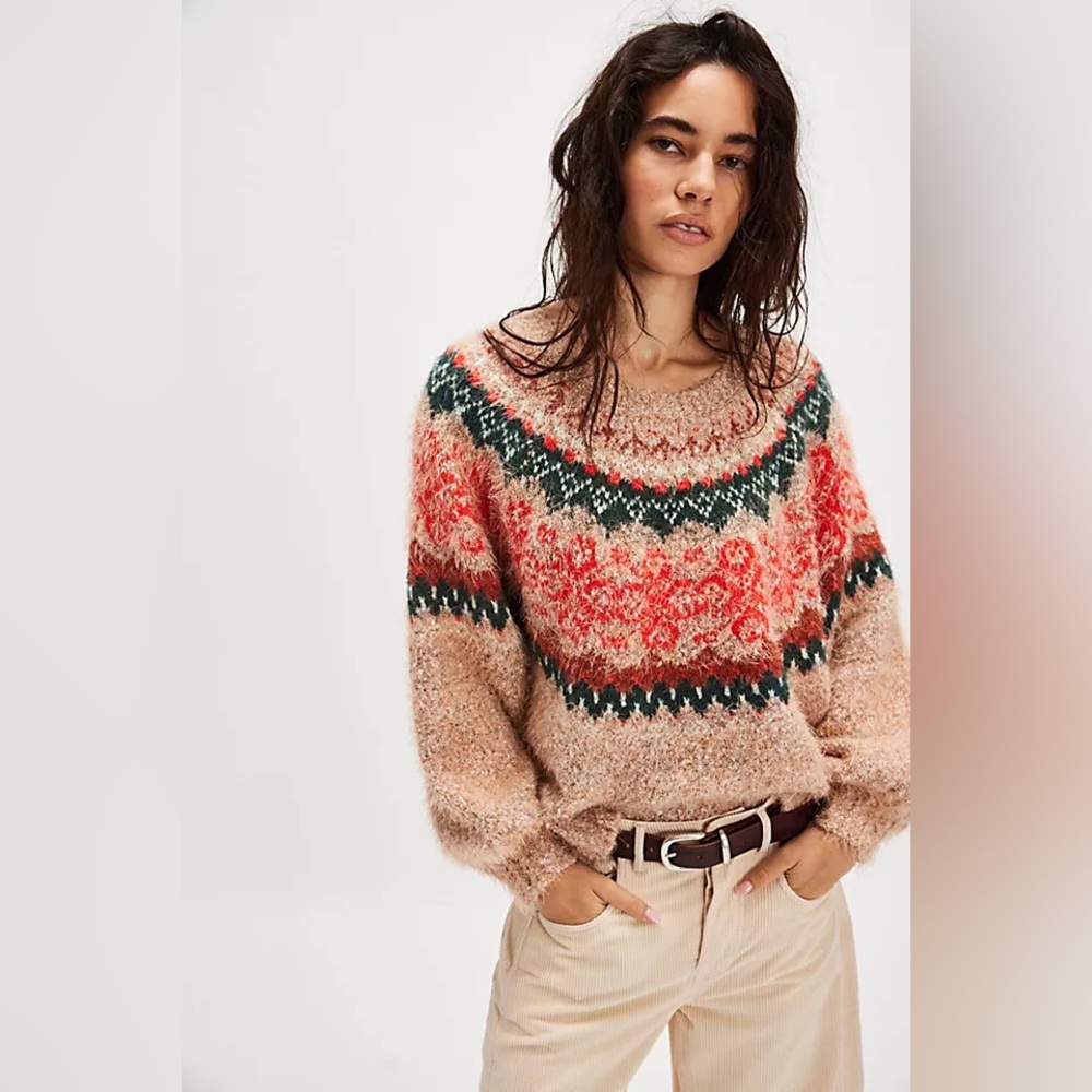 Free People Festive Frost Jumper Long Sleeve Knit Fair Isle Sweater Small